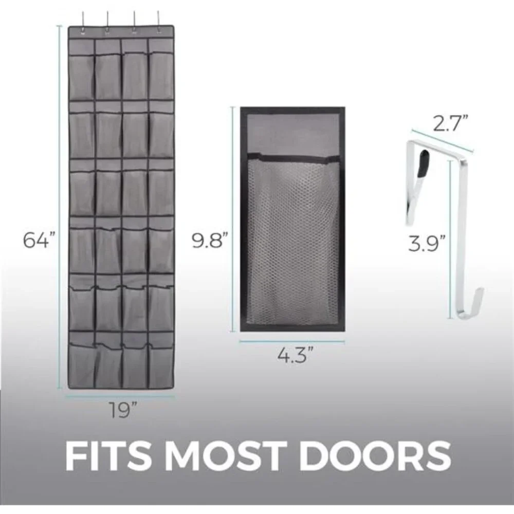 Over Door Shoe Organizer Hanging Closet Storage 24 Pocket Mesh 2 Pack Gray